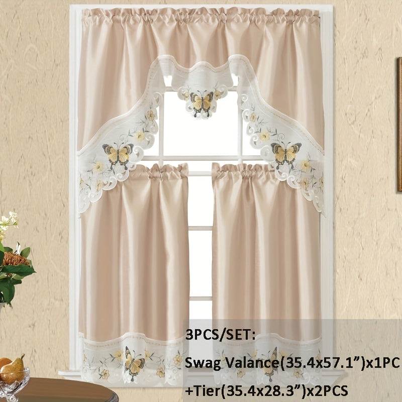 1 SET 3pcs/set Polyester plain fabric with beige floral lace, machine- pink blue gray burgundy butterfly pattern curtains, suitable for home decoration, bathroom, living room, bedroom, kitchen, outdoor decor, villa, wedding,